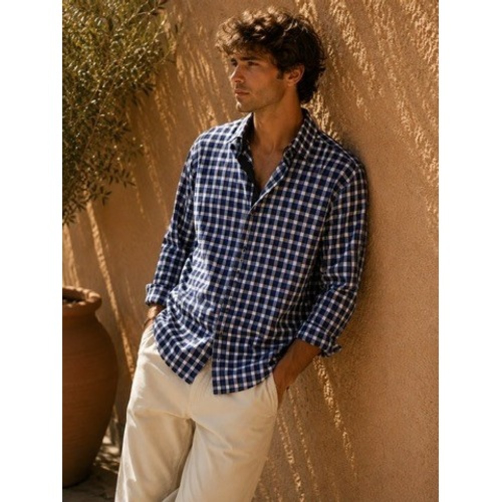 State And Liberty Mens Blue Gingham Check Button Up Shirt Long Sleeve Stretch L